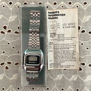 Delphi II Quartz Retro Digital Watch Silver Tone Blk Face Wristwatch Box Manual